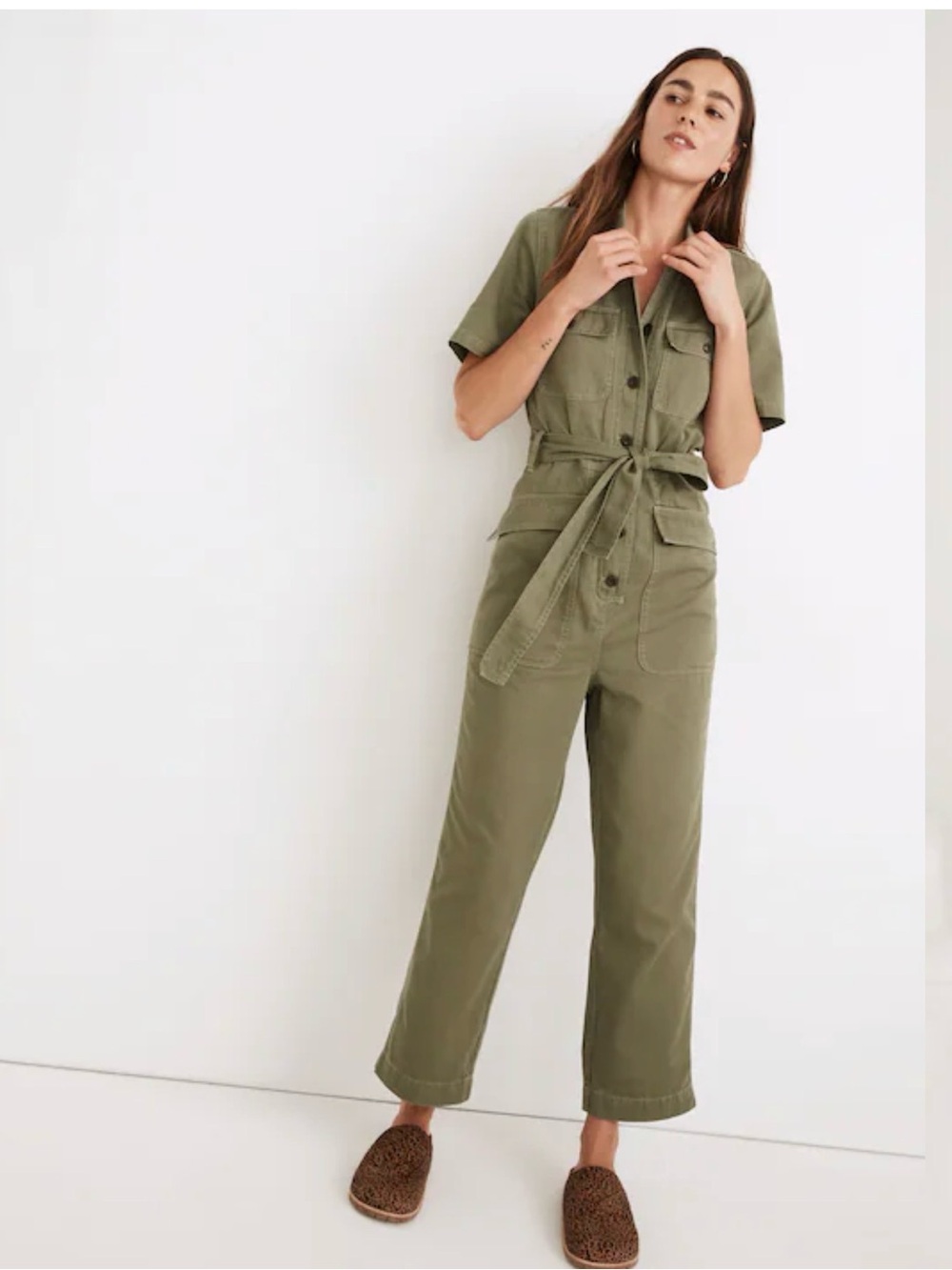 MADEWELL Olive Tie-Waist Military Utility Short Slv Wide Pant Petite Jumpsuit PS